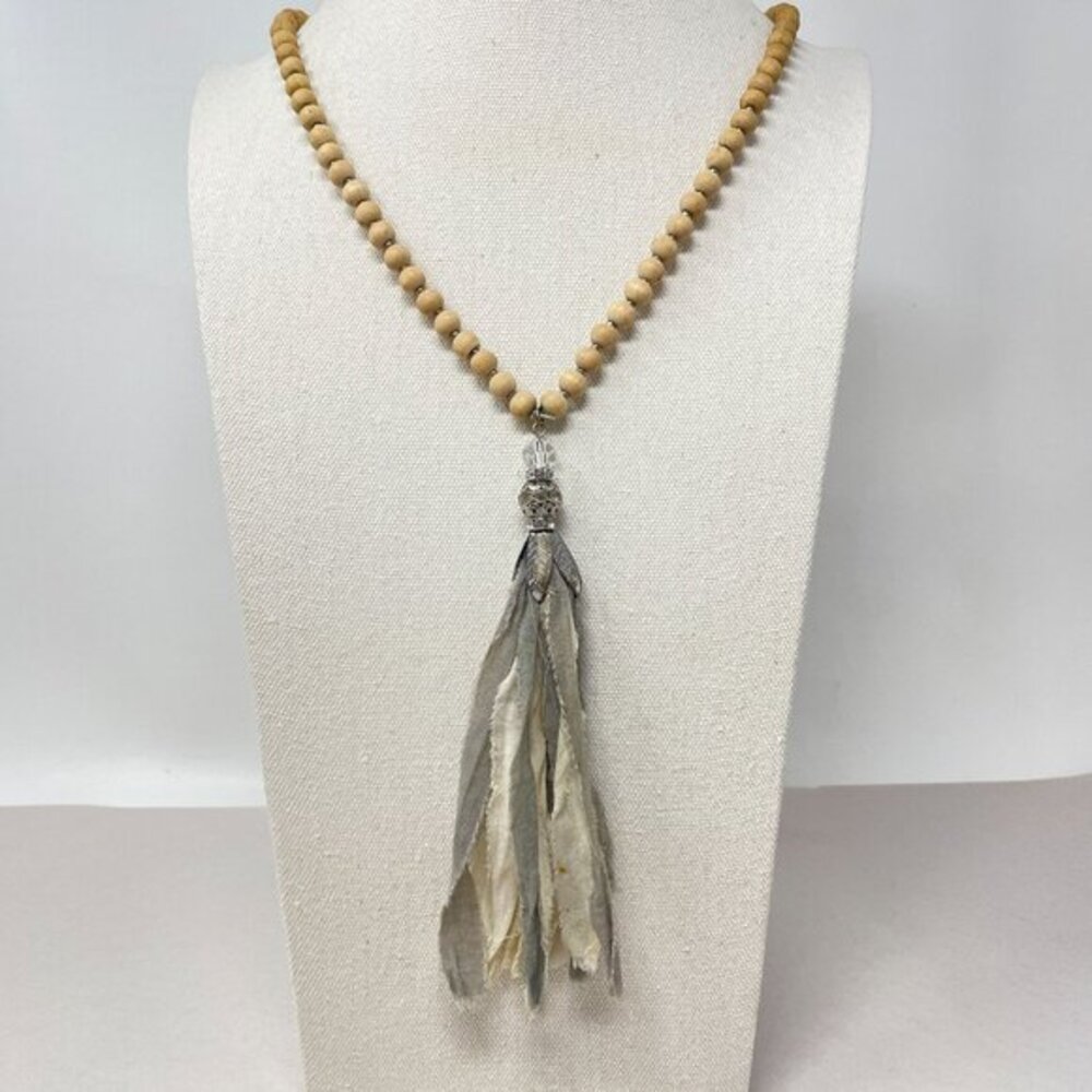 Sari Tassel Necklace‎ Long Wood Beads Adjustable Natural Boho